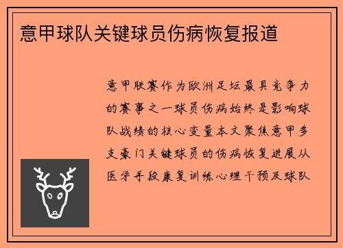 意甲球队关键球员伤病恢复报道