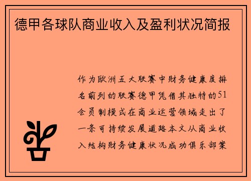 德甲各球队商业收入及盈利状况简报